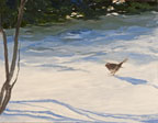 painting of a bird on a snow covered ground