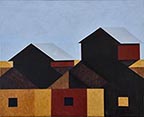 painting of a lot of farm buildings in shades of orange, yellow and red