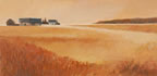 painting of a farm with autmn field in the foreground
