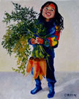 painting of a little girl holding a huge bunch of carrots