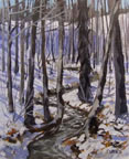 painting of a stream through the woods in winter